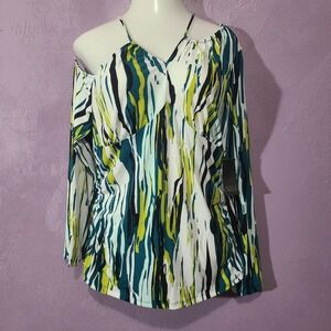 Bold Elements Cold One Shoulder Long Sleeve Green White Print Ruched Top XL NWT